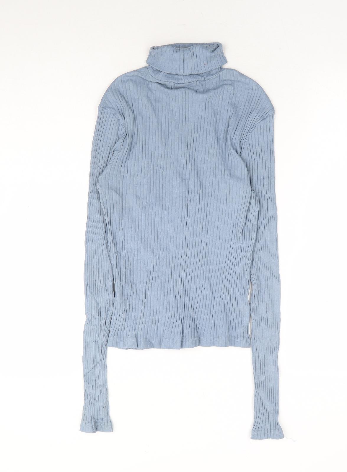 Divided by H&M Womens Blue Cotton Basic Blouse Size S Roll Neck - Ribbed