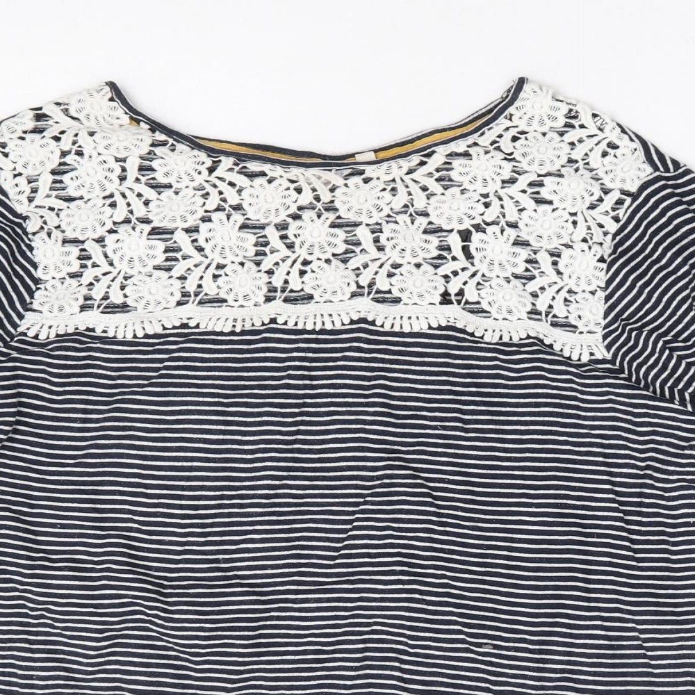 Falmers Heritage Womens Blue Striped Cotton Basic Blouse Size 16 Round Neck - Crochet Detail