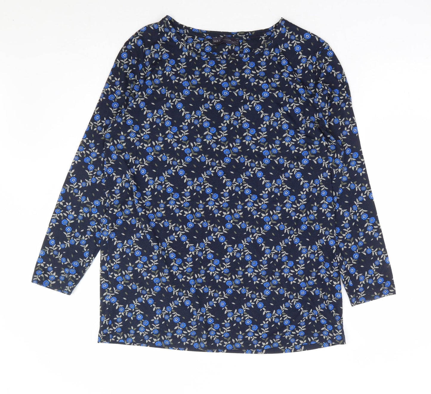 Marks and Spencer Womens Blue Floral Polyester Basic Blouse Size 14 Round Neck