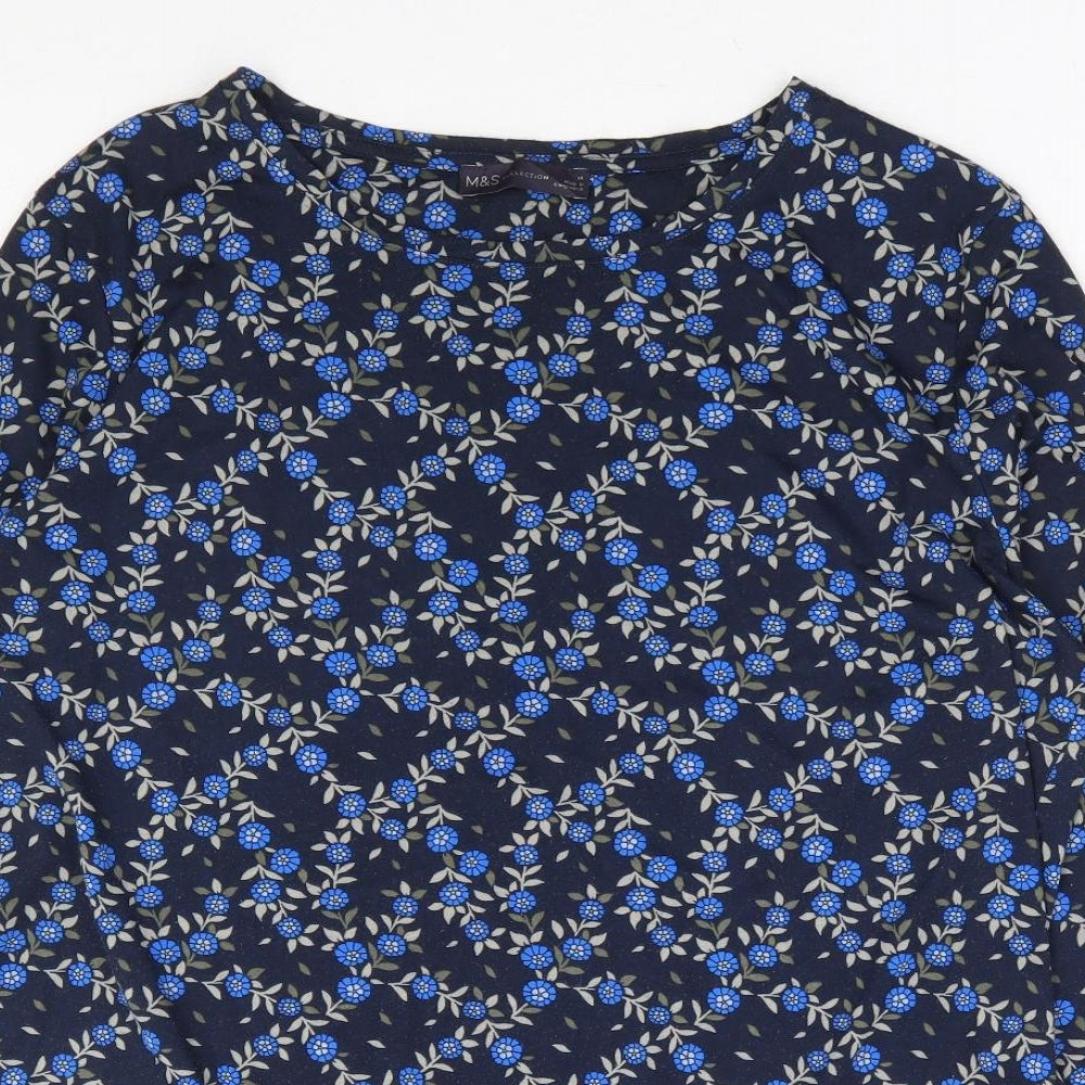 Marks and Spencer Womens Blue Floral Polyester Basic Blouse Size 14 Round Neck