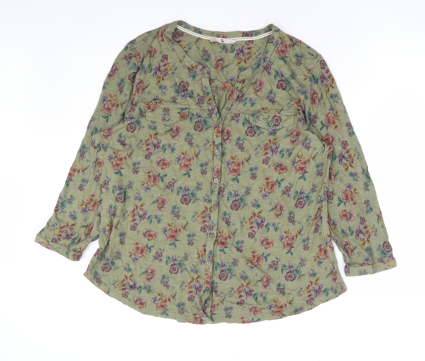 TU Womens Green Floral 100% Cotton Basic Blouse Size 16 V-Neck