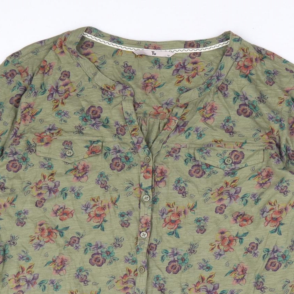 TU Womens Green Floral 100% Cotton Basic Blouse Size 16 V-Neck