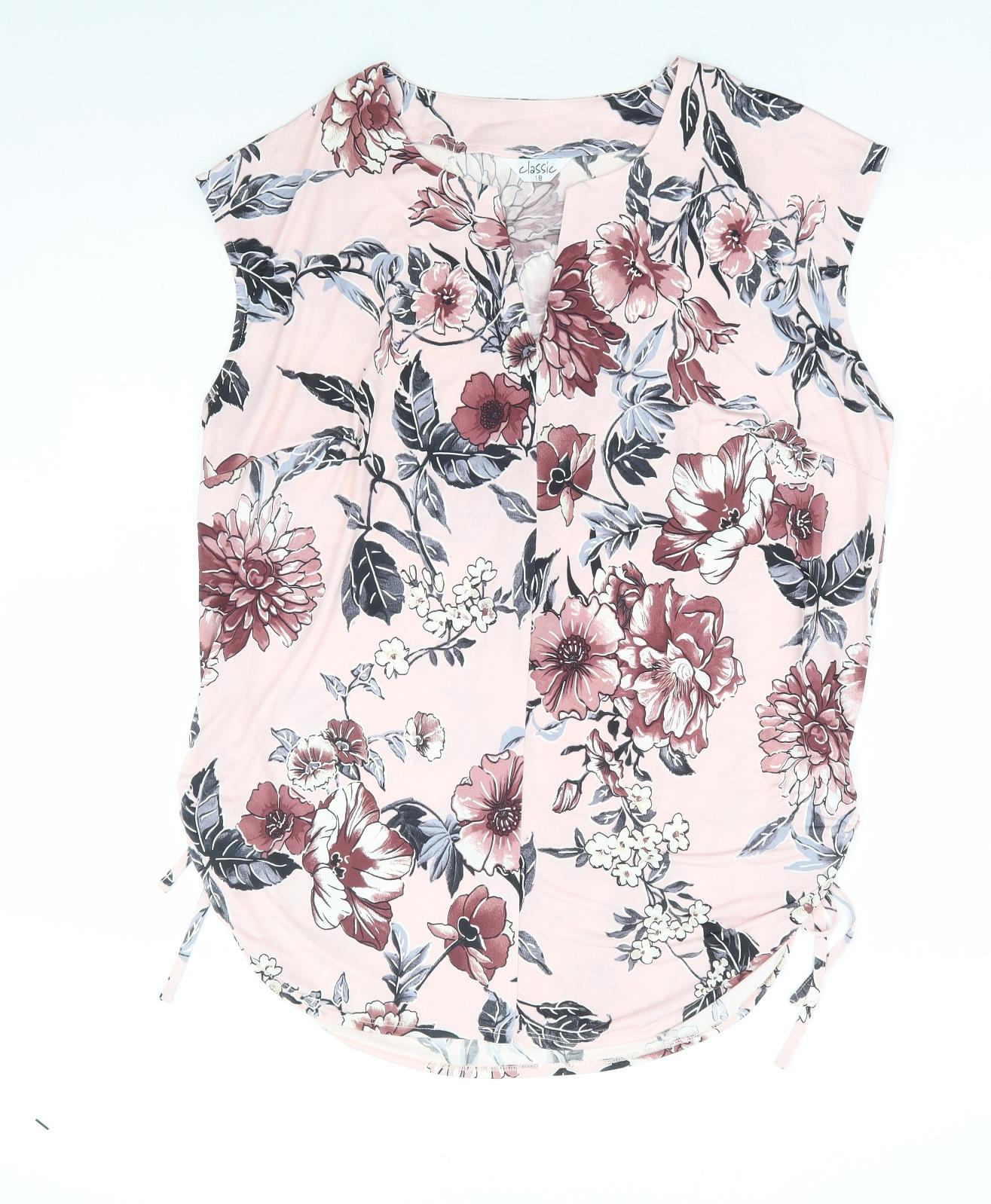 Classic Womens Pink Floral Polyester Basic Tank Size 18 V-Neck - Side Tie Detail