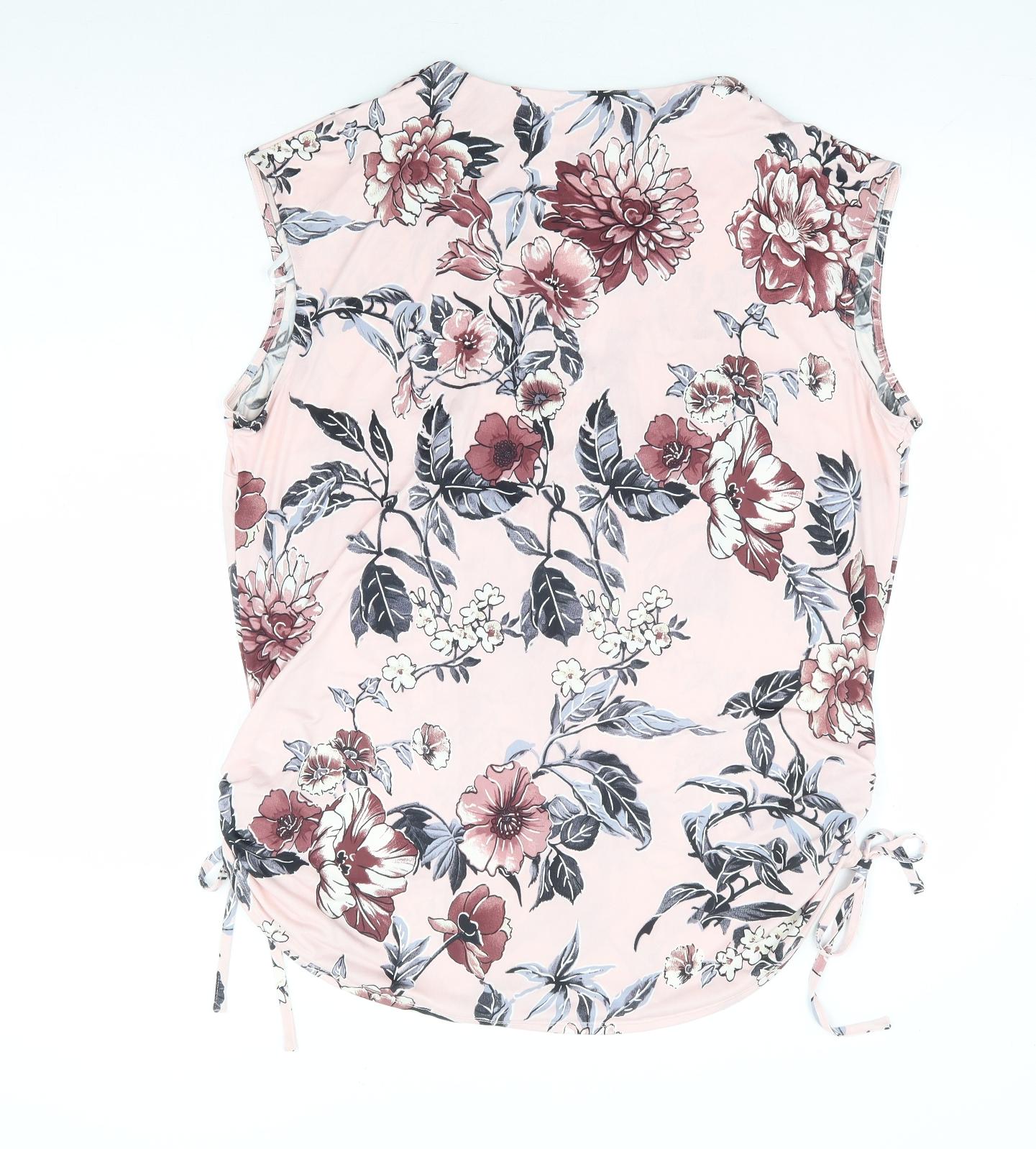 Classic Womens Pink Floral Polyester Basic Tank Size 18 V-Neck - Side Tie Detail