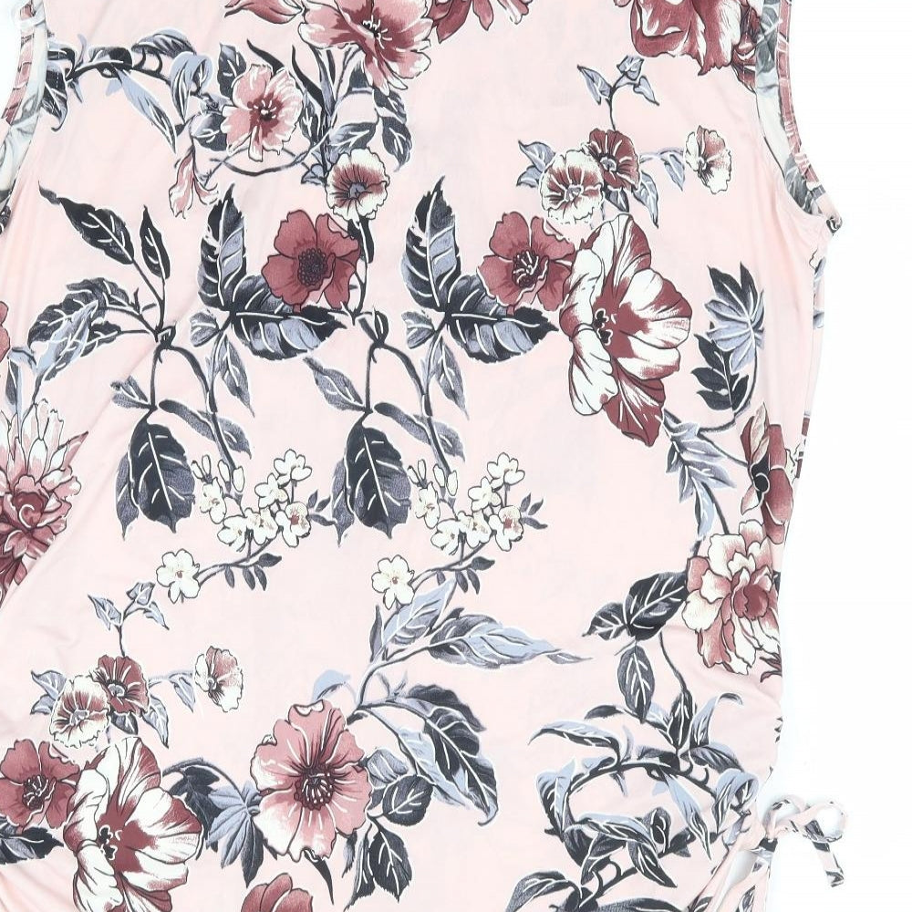 Classic Womens Pink Floral Polyester Basic Tank Size 18 V-Neck - Side Tie Detail