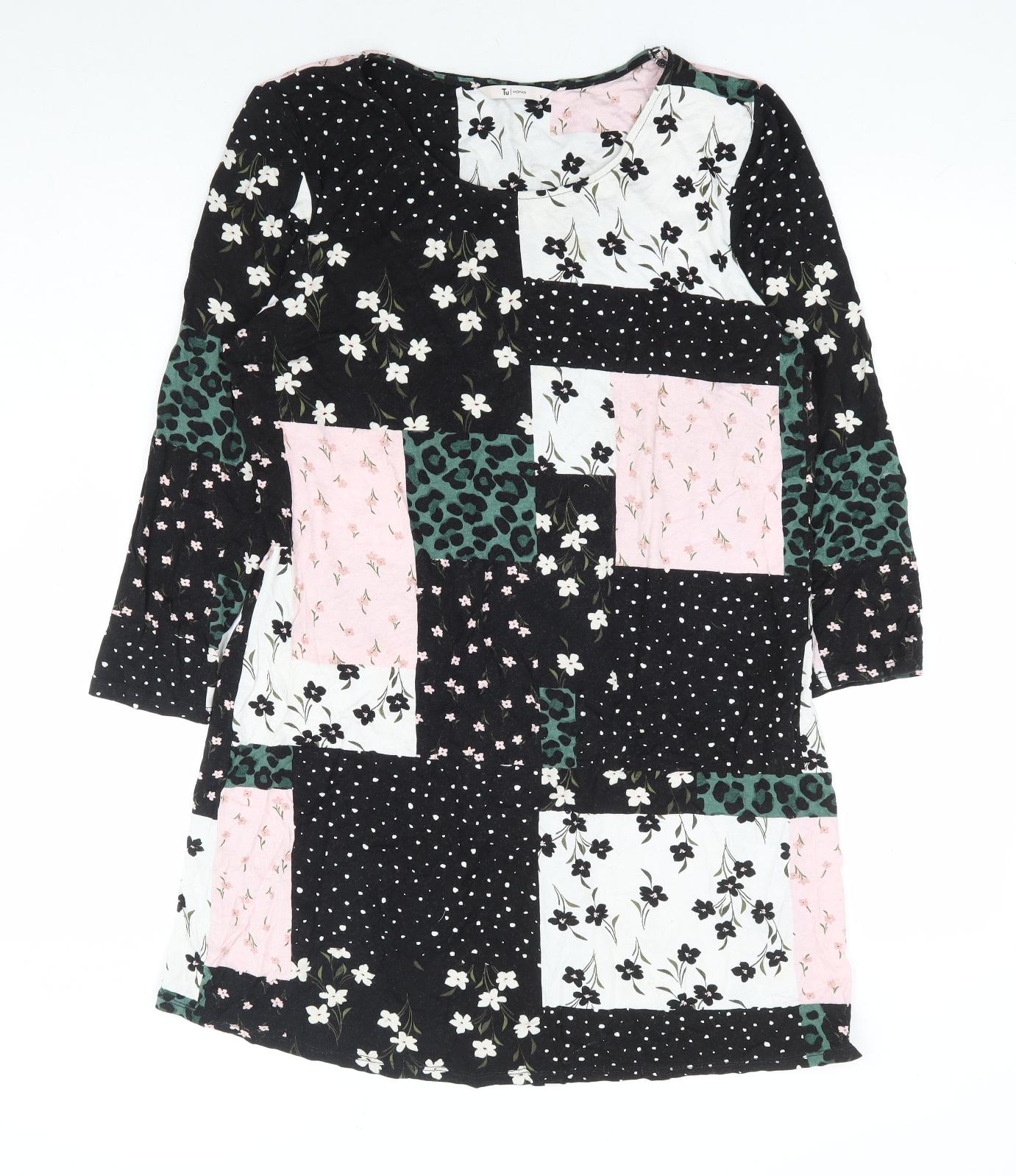 TU Womens Black Floral Viscose A-Line Size 12 Round Neck Pullover - Patchwork