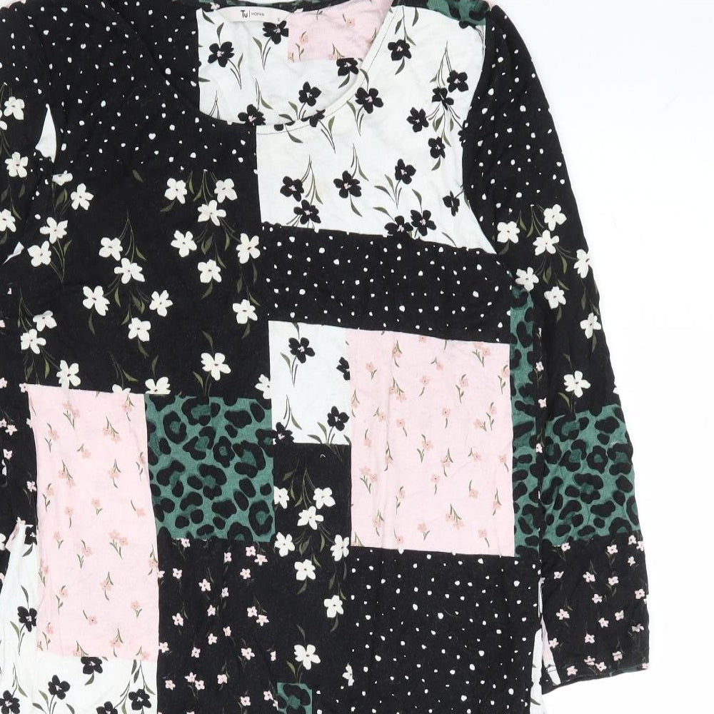 TU Womens Black Floral Viscose A-Line Size 12 Round Neck Pullover - Patchwork