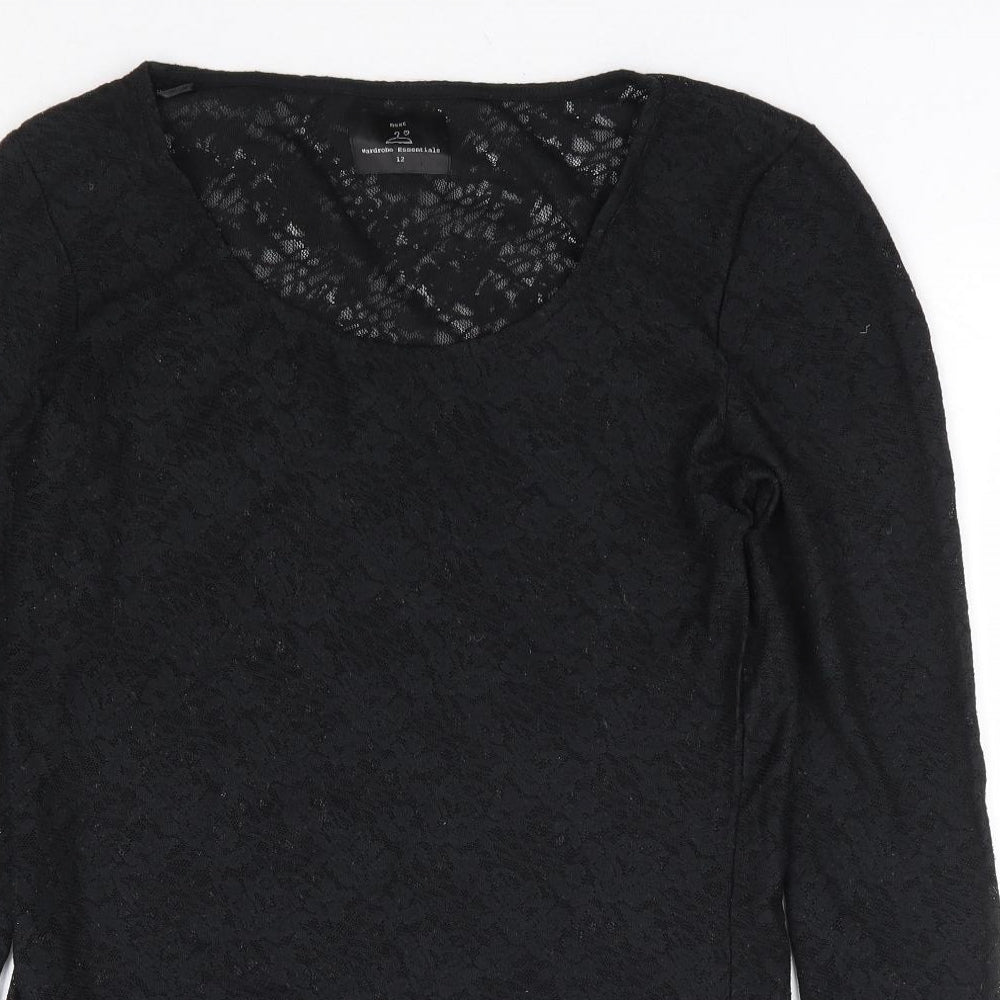NEXT Womens Black Floral Polyester Basic Blouse Size 12 Scoop Neck