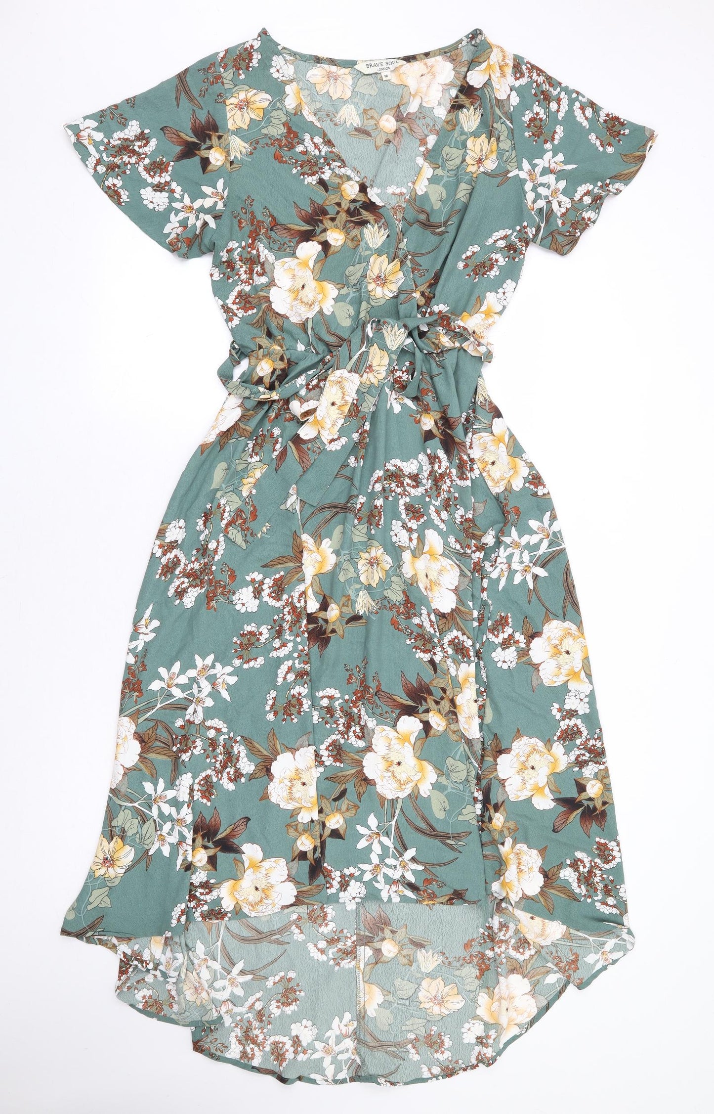 Brave Soul Womens Green Floral Polyester Wrap Dress Size M V-Neck Tie - Faux Wrap