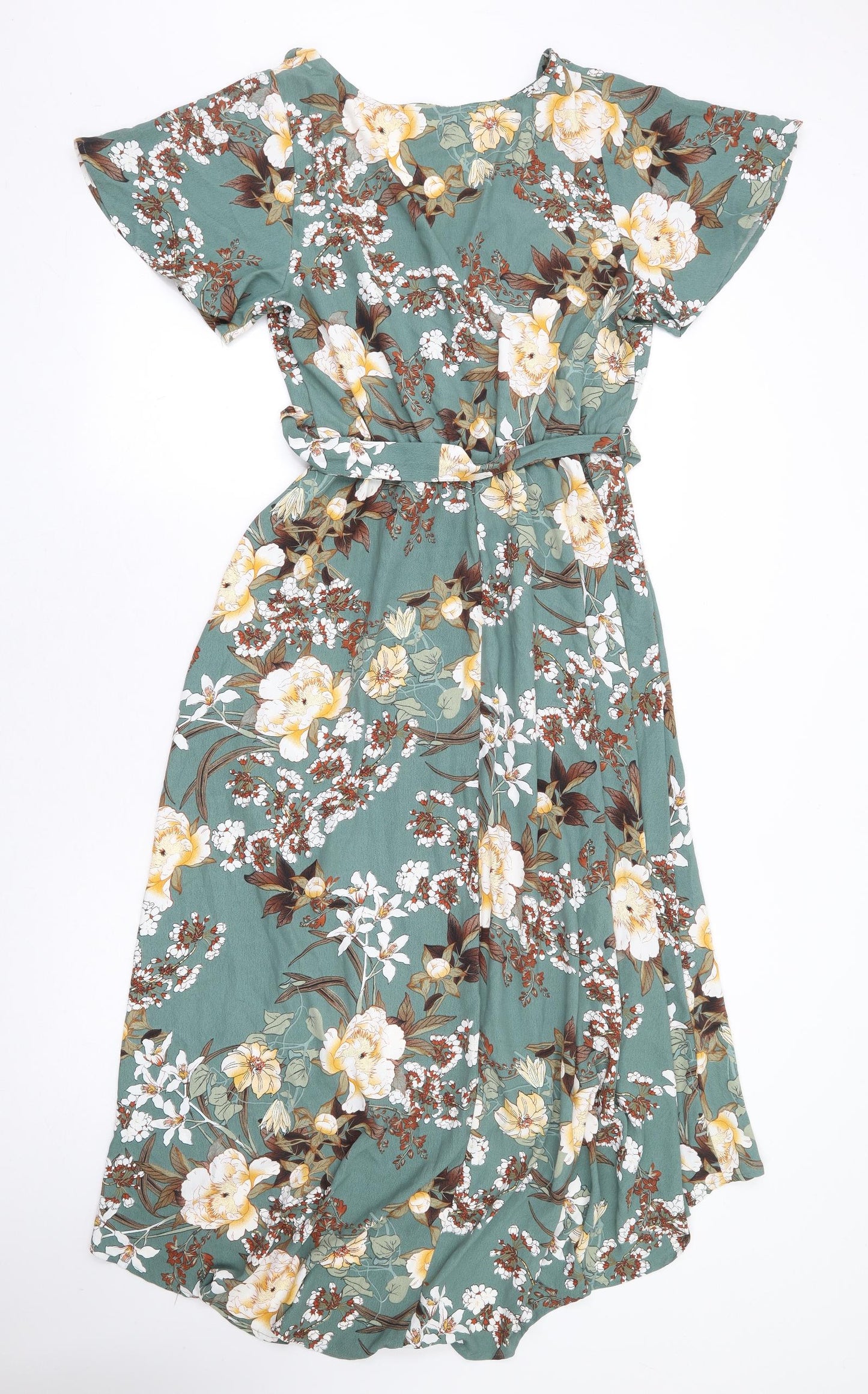 Brave Soul Womens Green Floral Polyester Wrap Dress Size M V-Neck Tie - Faux Wrap