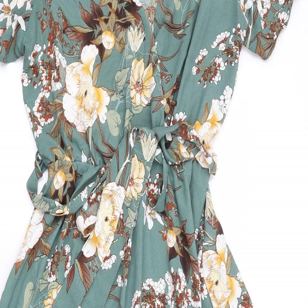 Brave Soul Womens Green Floral Polyester Wrap Dress Size M V-Neck Tie - Faux Wrap