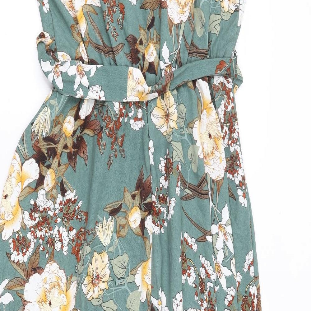 Brave Soul Womens Green Floral Polyester Wrap Dress Size M V-Neck Tie - Faux Wrap
