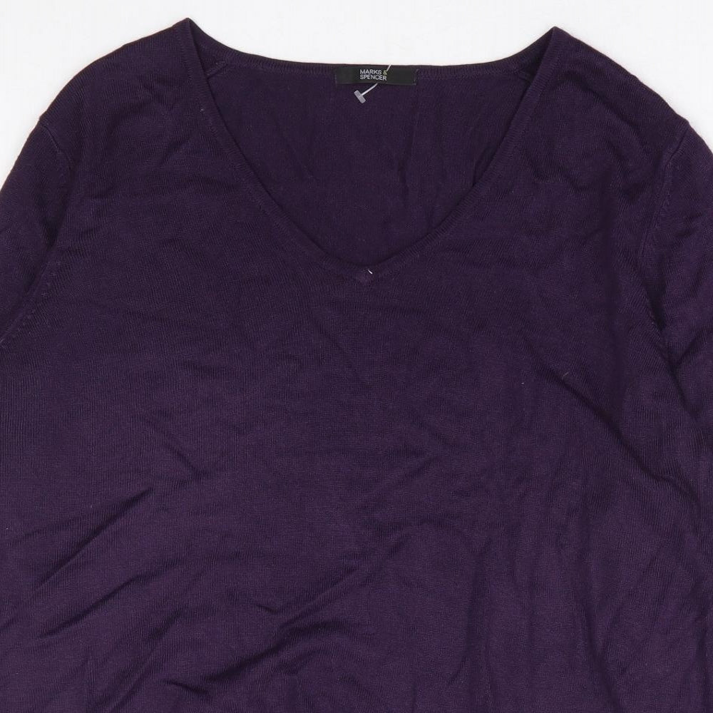 Marks and Spencer Womens Purple V-Neck Acrylic Pullover Jumper Size 16