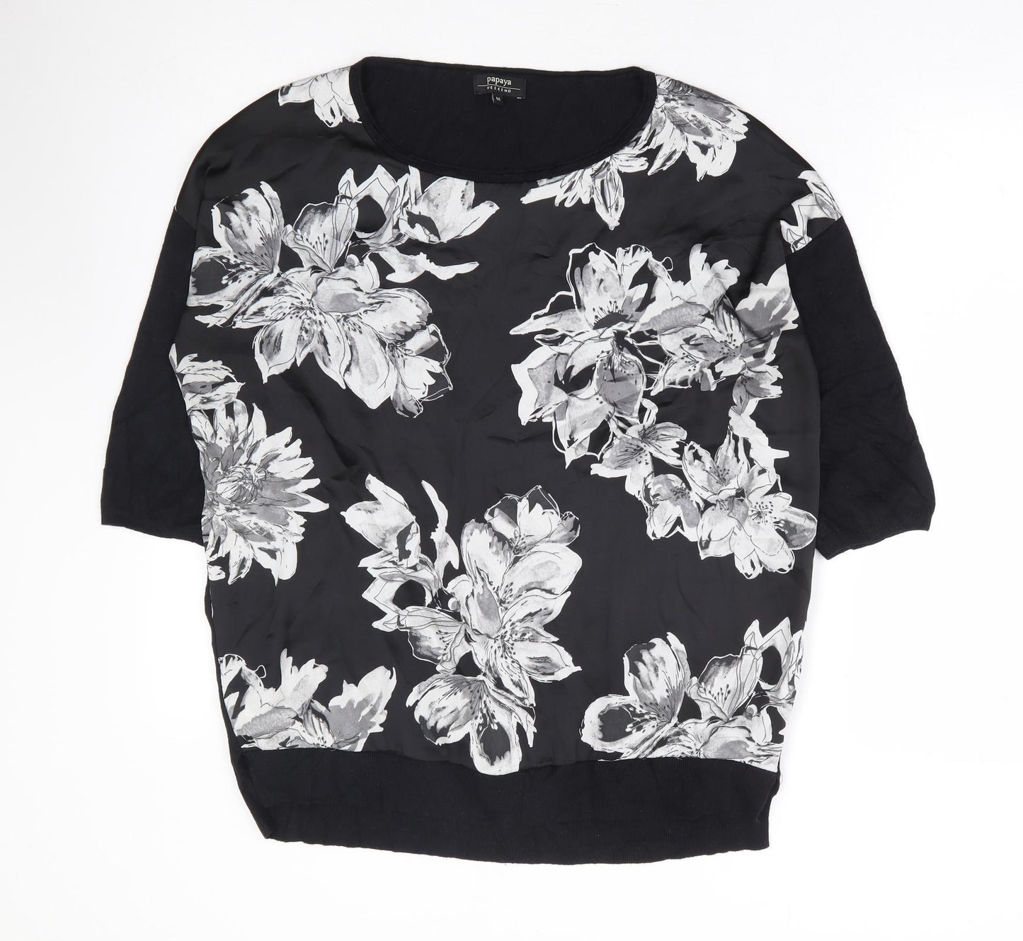 Papaya Womens Black Floral Viscose Basic Blouse Size M Round Neck