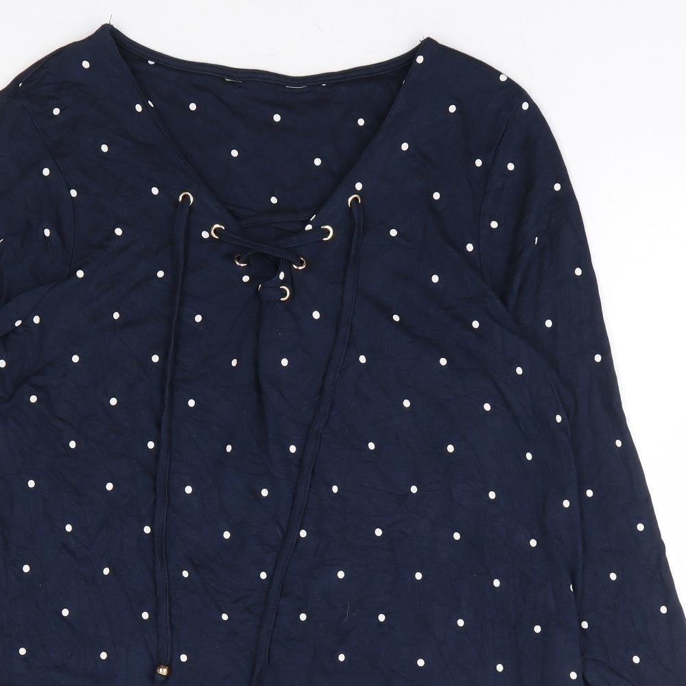 F&F Womens Blue Polka Dot Viscose Basic Blouse Size 12 V-Neck