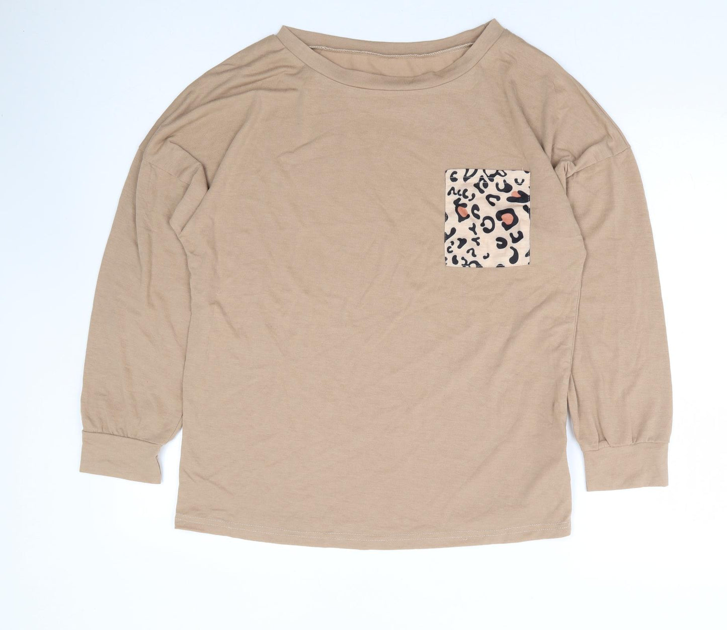 Preworn Womens Brown Animal Print Cotton Basic T-Shirt Size L Round Neck - Leopard Print Pocket Detail