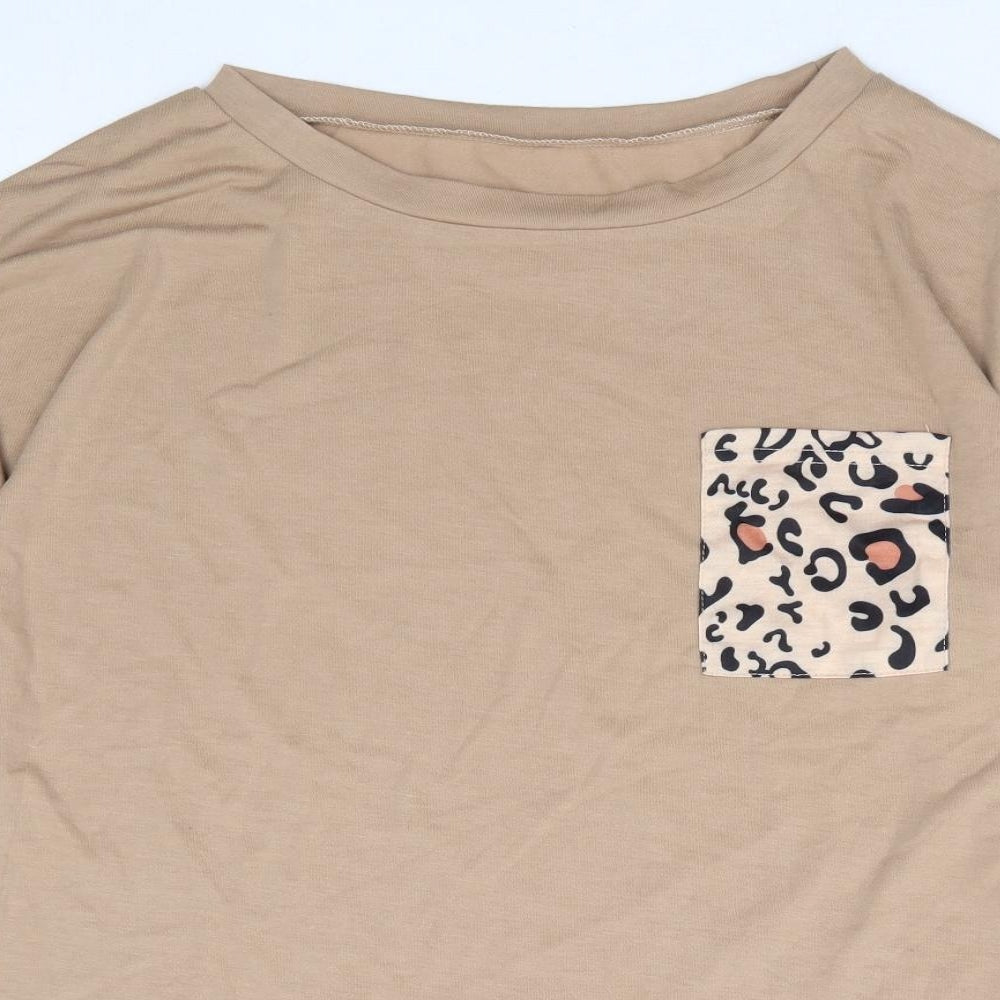 Preworn Womens Brown Animal Print Cotton Basic T-Shirt Size L Round Neck - Leopard Print Pocket Detail