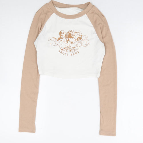 SheIn Womens Beige Polyester Cropped Blouse Size XS Round Neck - Ribbed Angel Baby