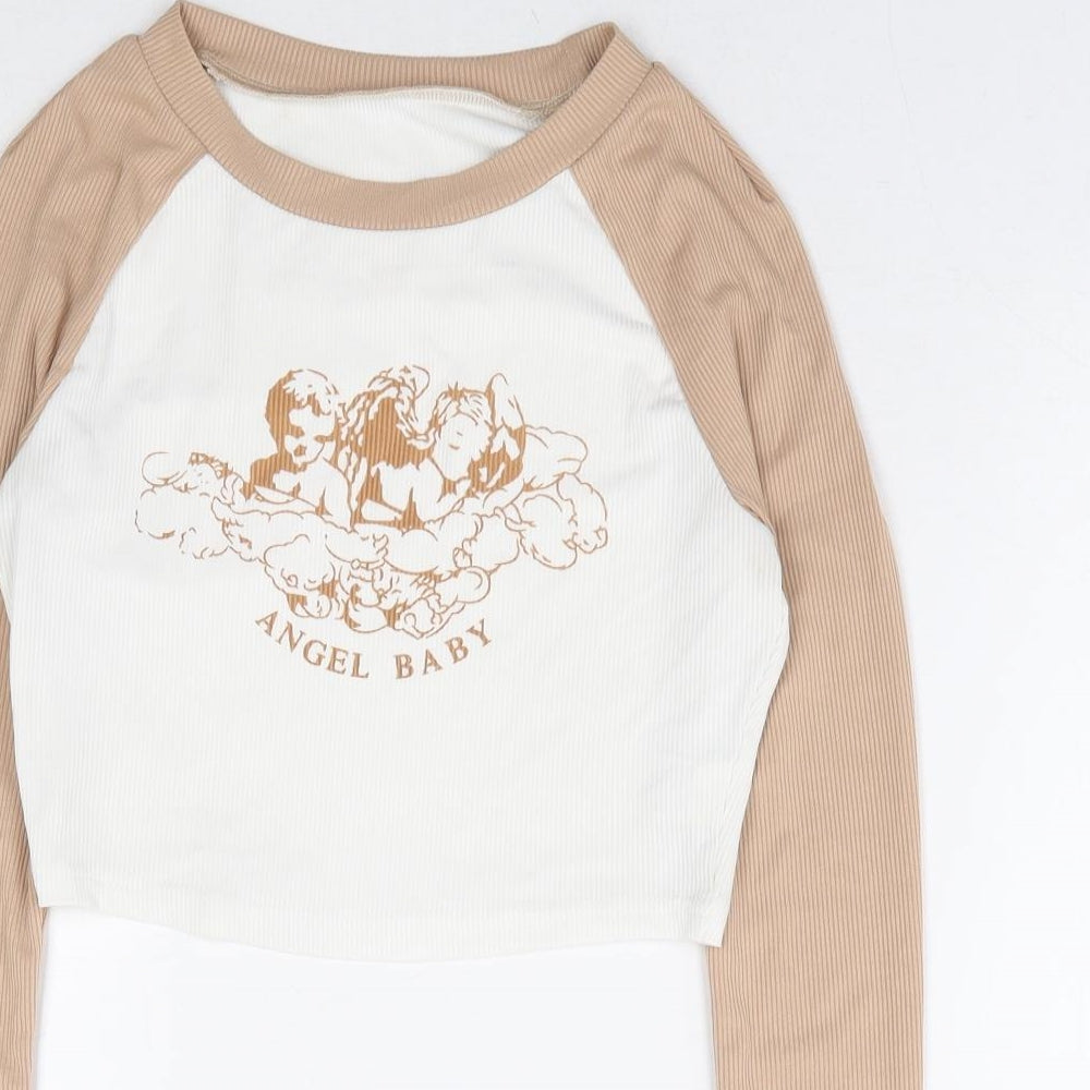 SheIn Womens Beige Polyester Cropped Blouse Size XS Round Neck - Ribbed Angel Baby
