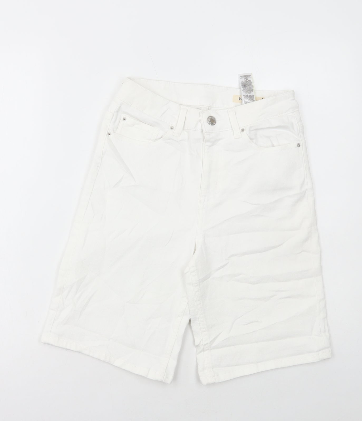 Marks and Spencer Womens White Cotton Boyfriend Shorts Size 6 L10 in Regular Button