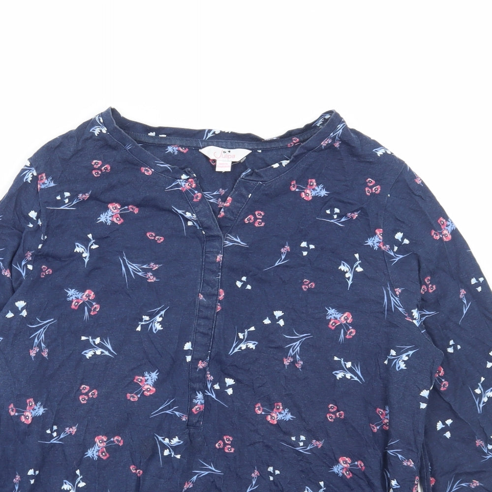 Julipa Womens Blue Floral Cotton Basic T-Shirt Size 14 V-Neck