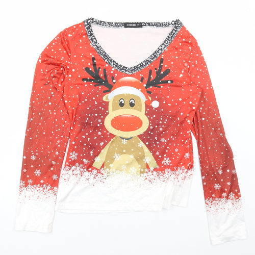 ChicMe Womens Multicoloured Cotton Basic T-Shirt Size M V-Neck - Reindeer