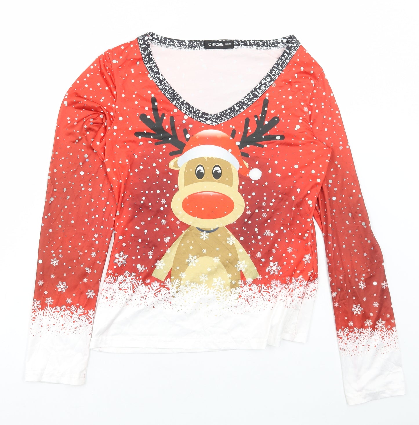 ChicMe Womens Multicoloured Cotton Basic T-Shirt Size M V-Neck - Reindeer