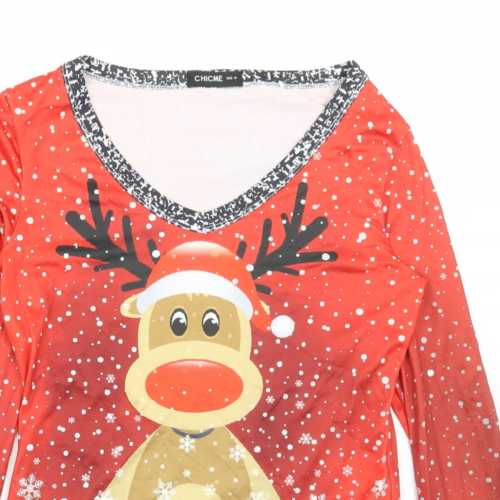 ChicMe Womens Multicoloured Cotton Basic T-Shirt Size M V-Neck - Reindeer