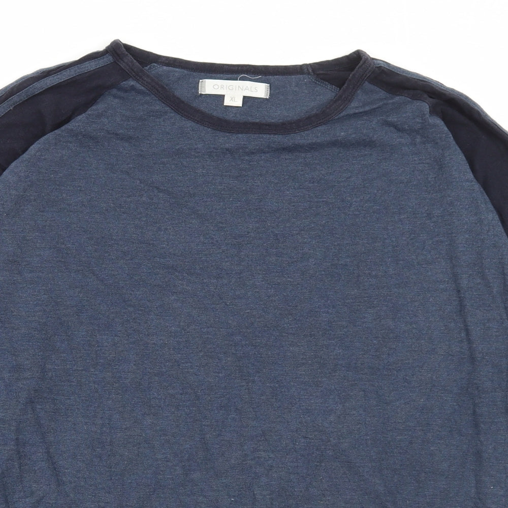 Originals Mens Blue Colourblock Cotton T-Shirt Size XL Round Neck