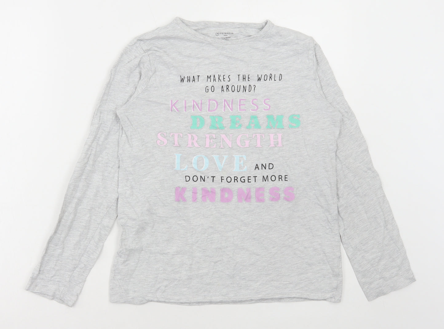 Primark Girls Grey Cotton Basic T-Shirt Size 11-12 Years Round Neck Pullover - What makes the world go around?
