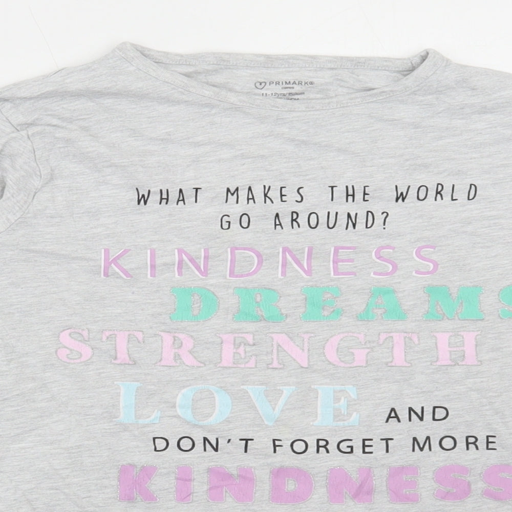 Primark Girls Grey Cotton Basic T-Shirt Size 11-12 Years Round Neck Pullover - What makes the world go around?