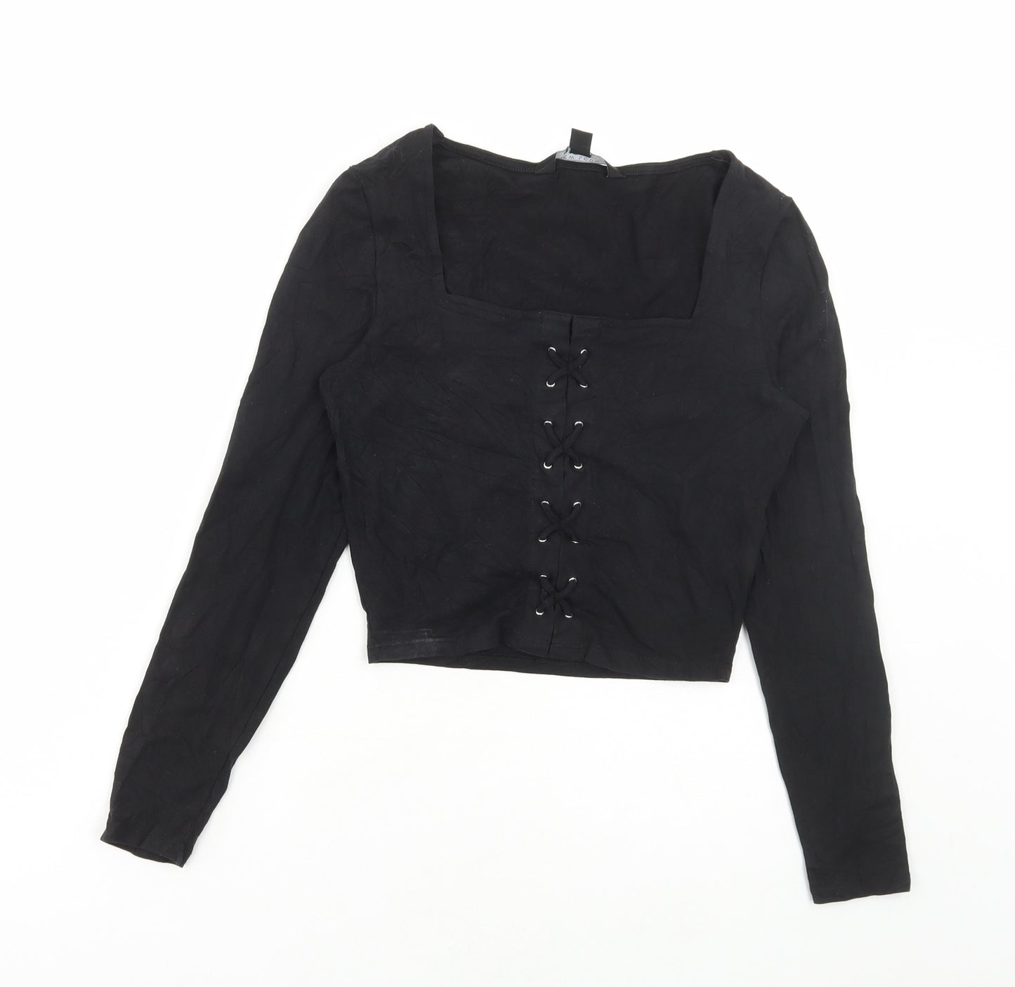New Look Girls Black Cotton Cropped T-Shirt Size 12-13 Years Square Neck Tie