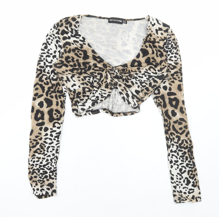 PRETTYLITTLETHING Womens Brown Animal Print Viscose Cropped T-Shirt Size 10 V-Neck