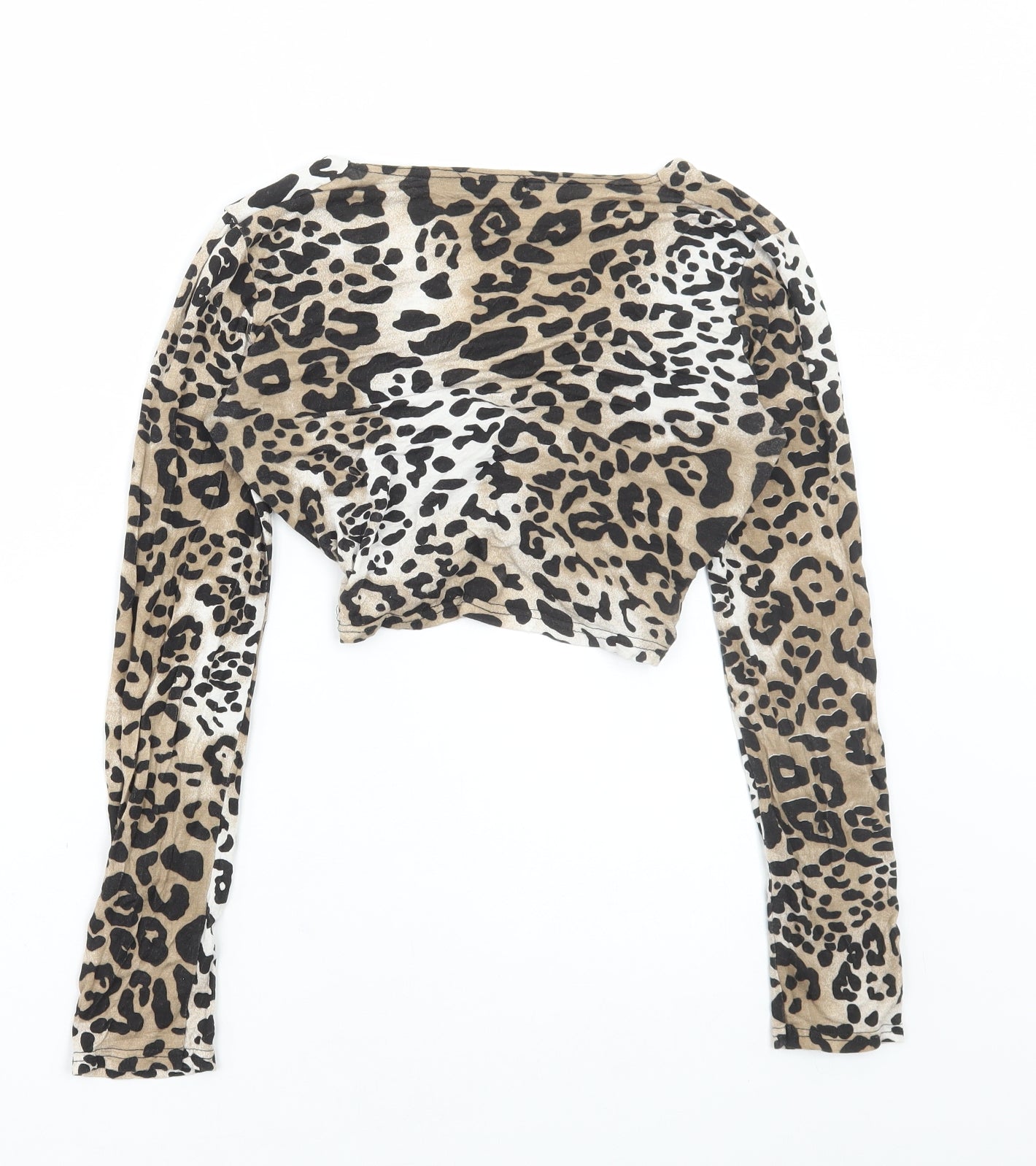 PRETTYLITTLETHING Womens Brown Animal Print Viscose Cropped T-Shirt Size 10 V-Neck