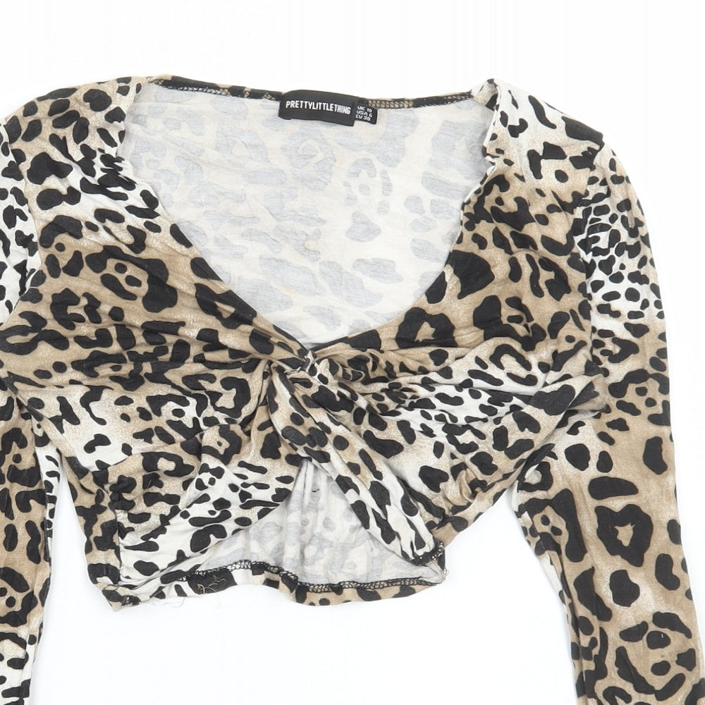 PRETTYLITTLETHING Womens Brown Animal Print Viscose Cropped T-Shirt Size 10 V-Neck