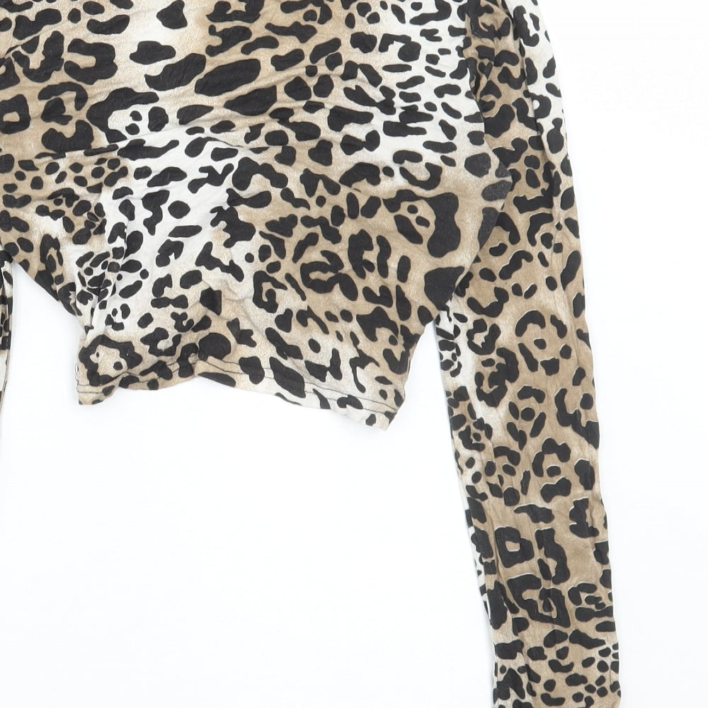 PRETTYLITTLETHING Womens Brown Animal Print Viscose Cropped T-Shirt Size 10 V-Neck