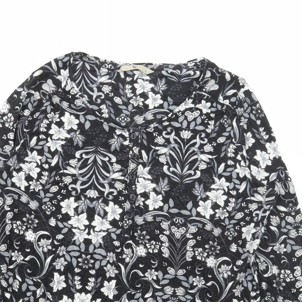 TU Womens Grey Floral Cotton Basic T-Shirt Size 14 V-Neck
