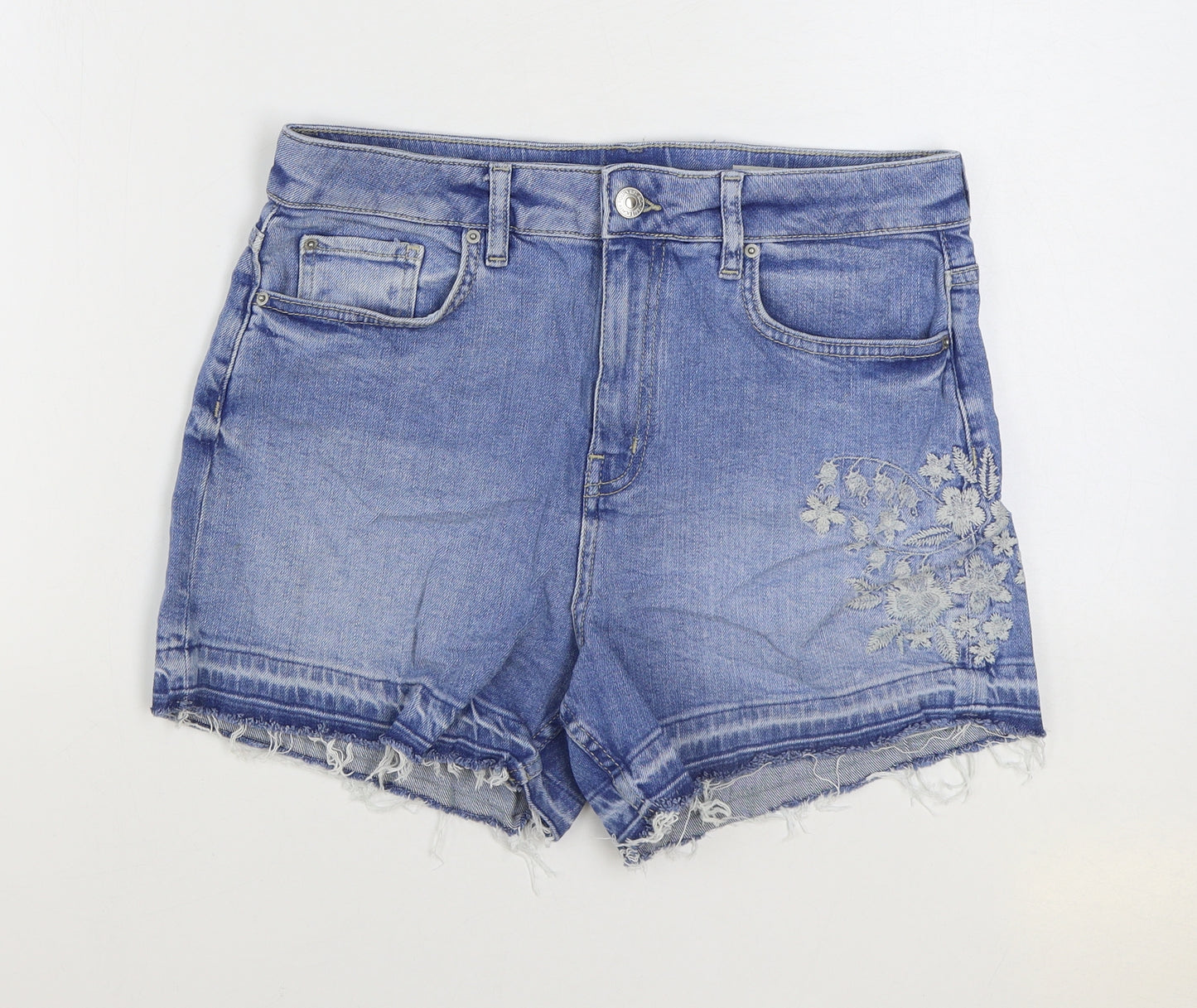 Marks and Spencer Womens Blue Floral Cotton Hot Pants Shorts Size 12 Regular Zip