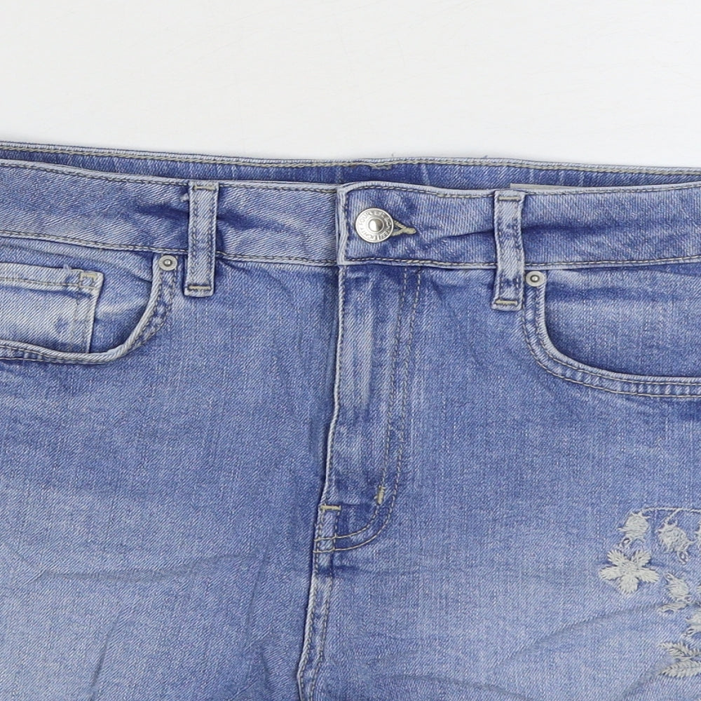 Marks and Spencer Womens Blue Floral Cotton Hot Pants Shorts Size 12 Regular Zip