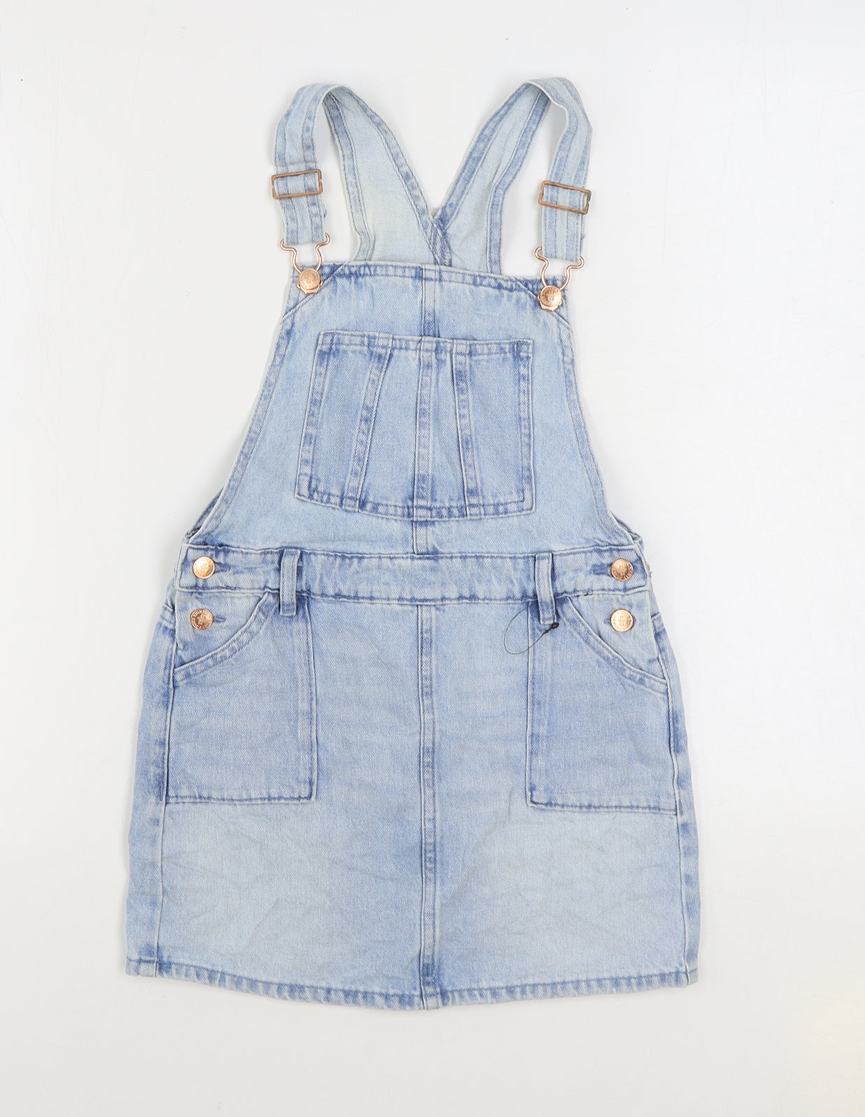 Marks and Spencer Girls Blue Cotton Pinafore/Dungaree Dress Size 8-9 Years Square Neck Buckle