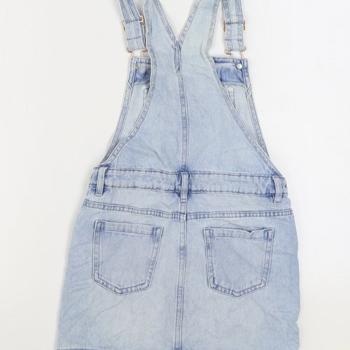 Marks and Spencer Girls Blue Cotton Pinafore/Dungaree Dress Size 8-9 Years Square Neck Buckle