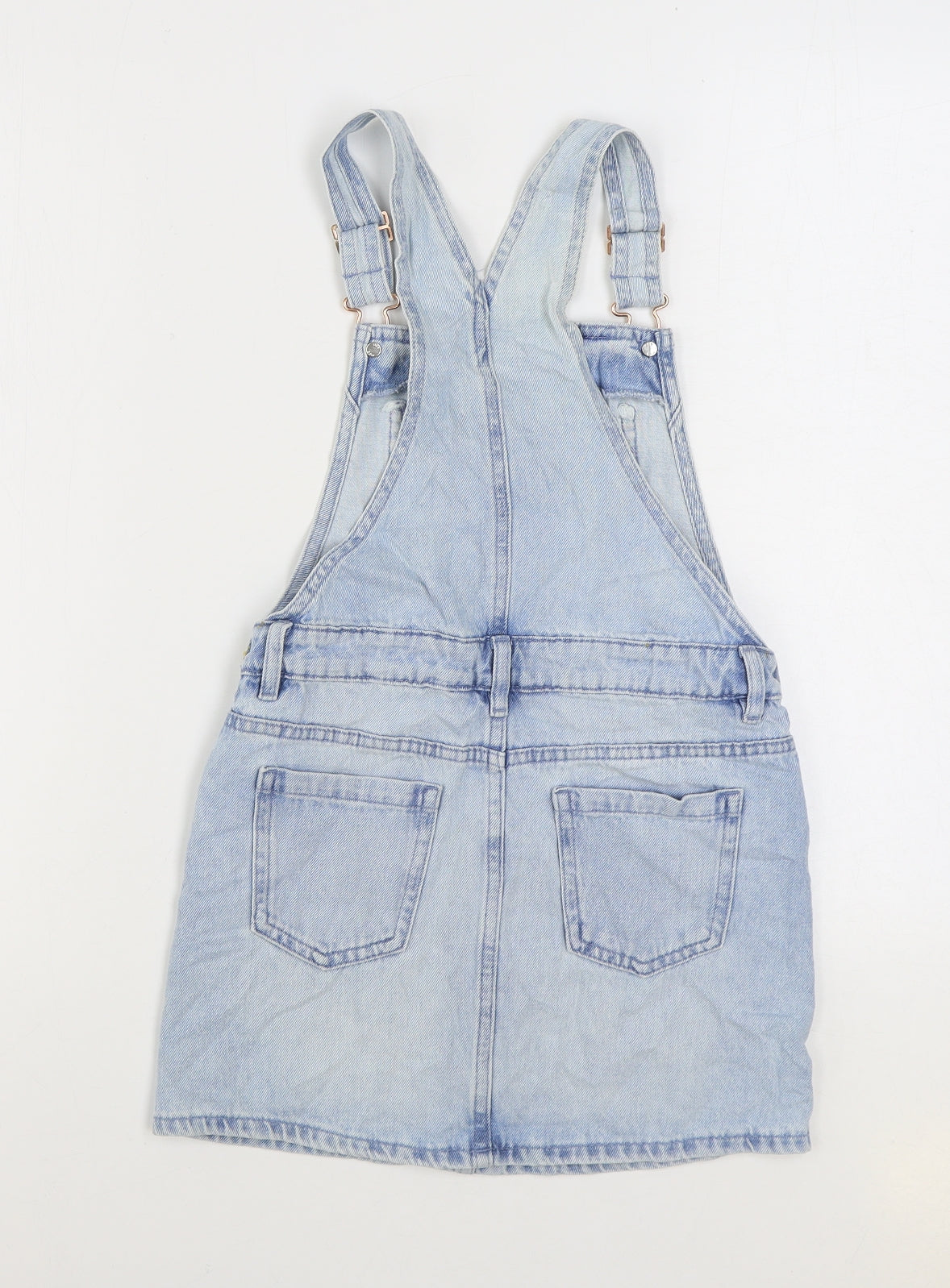 Marks and Spencer Girls Blue Cotton Pinafore/Dungaree Dress Size 8-9 Years Square Neck Buckle