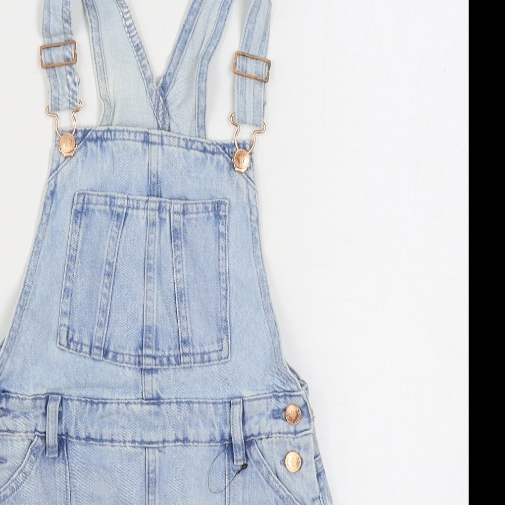 Marks and Spencer Girls Blue Cotton Pinafore/Dungaree Dress Size 8-9 Years Square Neck Buckle