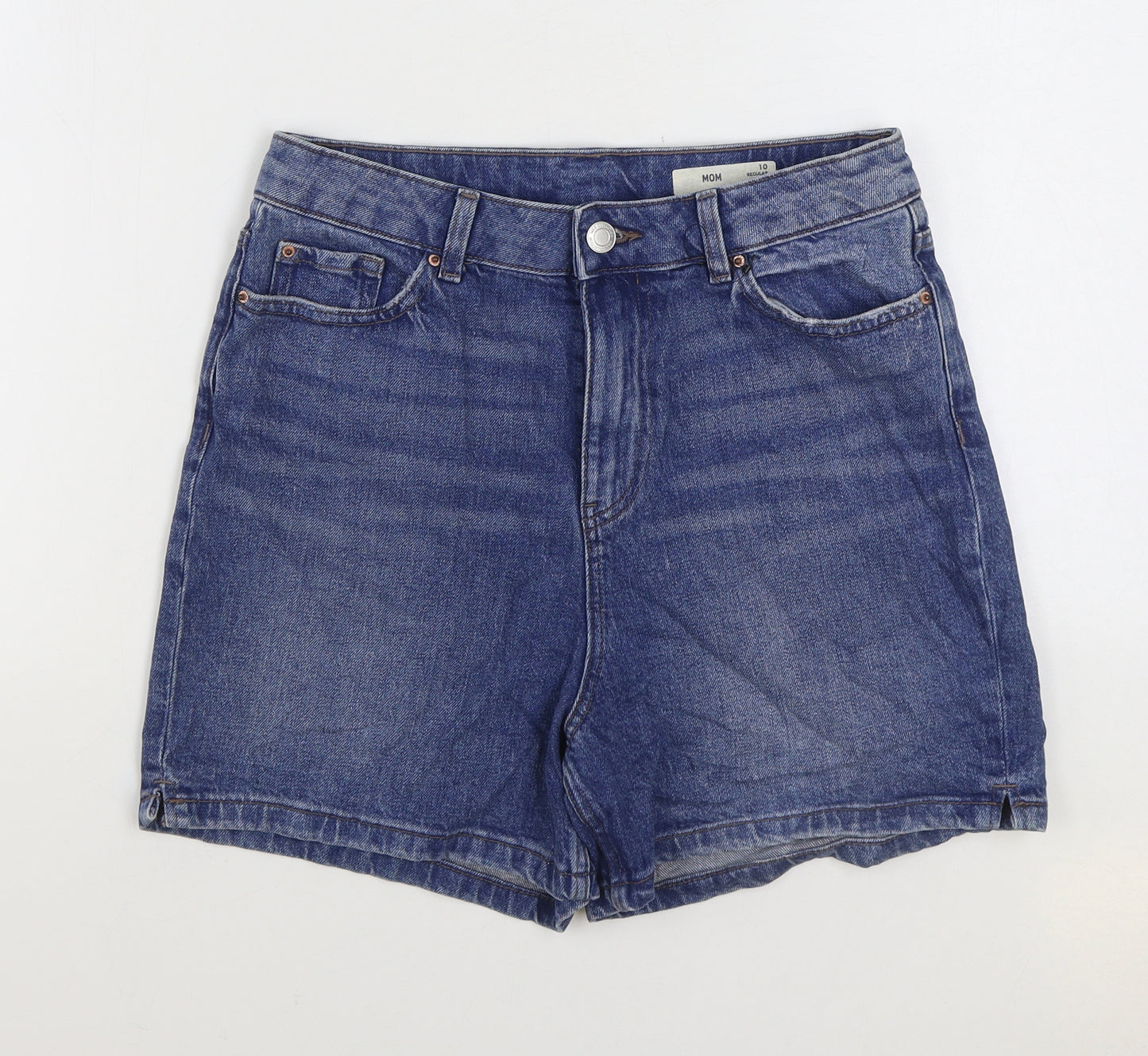 Marks and Spencer Womens Blue Cotton Mom Shorts Size 10 Regular Zip