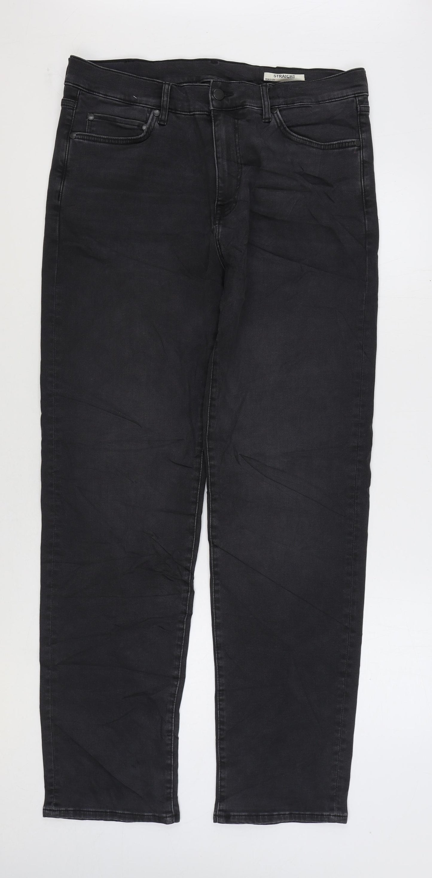 Marks and Spencer Mens Black Cotton Straight Jeans Size 36 in L33 in Regular Zip