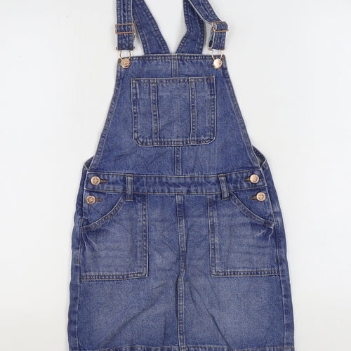 Marks and Spencer Girls Blue Cotton Pinafore/Dungaree Dress Size 9-10 Years Square Neck Buckle