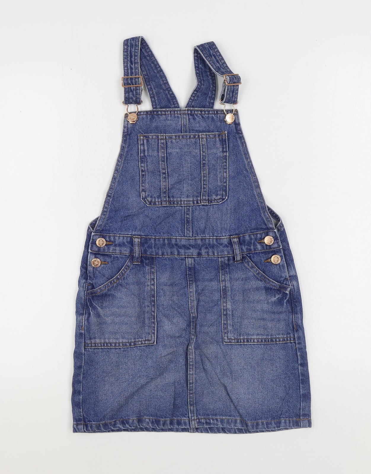 Marks and Spencer Girls Blue Cotton Pinafore/Dungaree Dress Size 9-10 Years Square Neck Buckle