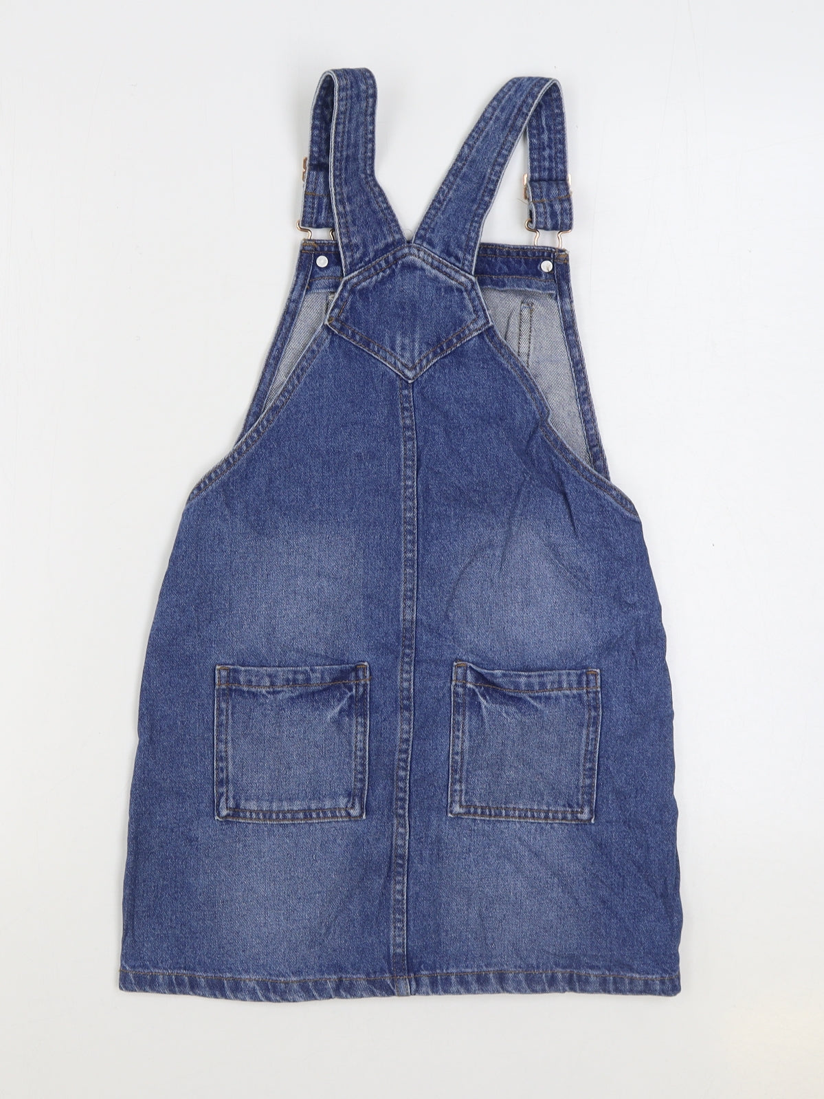 Marks and Spencer Girls Blue Cotton Pinafore/Dungaree Dress Size 9-10 Years Square Neck Buckle
