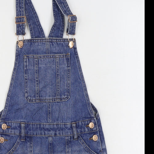 Marks and Spencer Girls Blue Cotton Pinafore/Dungaree Dress Size 9-10 Years Square Neck Buckle