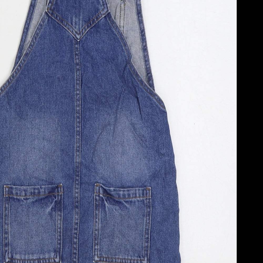 Marks and Spencer Girls Blue Cotton Pinafore/Dungaree Dress Size 9-10 Years Square Neck Buckle